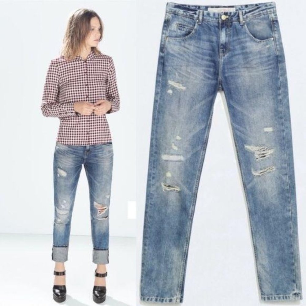 Zara Boyfriend Distressed Ripped Broken In Rolled